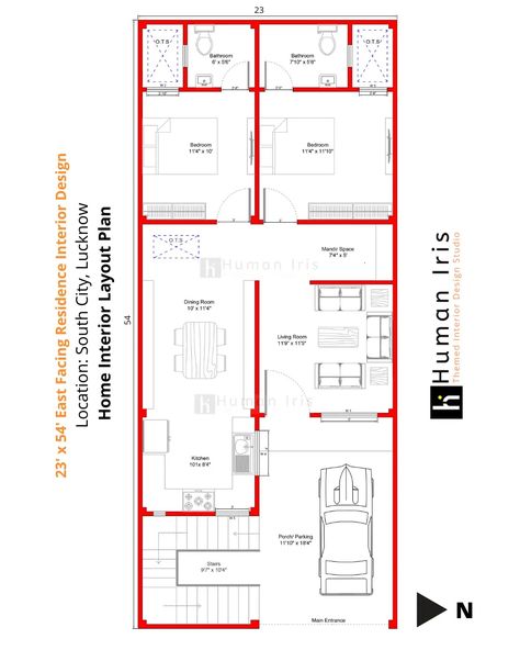 23' x 54' East Facing Home Floor Plan As Per Vastu Shastra Rendered Floor Plan, Interior Floor Plan, Unique House Plans, Vastu Shastra, Planning Printables, Interior Floor, Tiny House Plans, Small House Plans, Build Your Dream Home