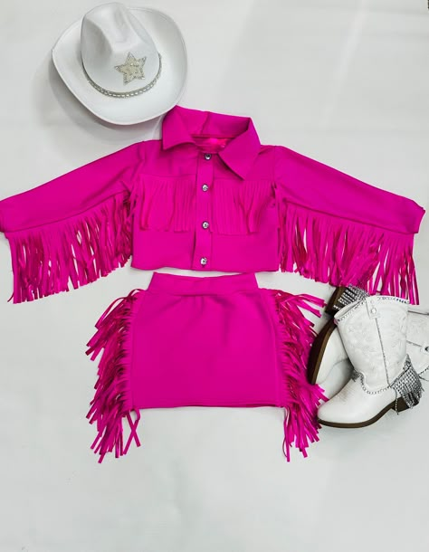 Pink Cowgirl Birthday Outfit, Birthday Cowgirl Outfit, Cowgirl Barbie Outfit, Cowgirl 1st Birthday Photoshoot, Western Wear Pageant Outfit, Fringe Cowgirl Outfit, Diy Cowgirl Outfit, Cowgirl Barbie, Pink Cowgirl Jacket