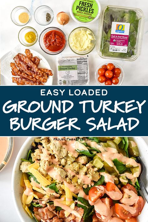 Turkey Burger Salad, Turkey Cheeseburger, Cheeseburger Salad Recipe, Burger Ingredients, Ground Turkey Burgers, Cheeseburger Salad, Packing Lunch, Burger Salad, Turkey Salad