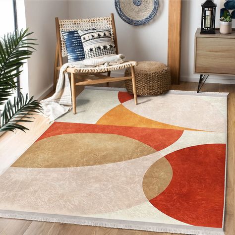 Large Abstract Rug, Orange Carpet Living Room, Geometric Living Room, Abstract Rugs, Orange Carpet, Orange Kitchen, Rug Abstract, Rug Inspiration, Colourful Living Room