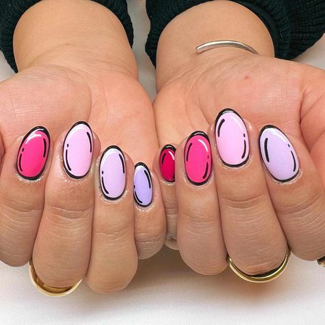 Short Pop Art Nails Designs, Detail Nails Designs, Pop Art Gel Nails, Pop Up Nails, The Office Nail Art, Pop Art Valentines Nails, Teen Nails Ideas, Pop Art Acrylic Nails, Pink Pop Art Nails