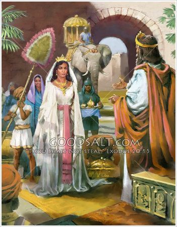 Queen of Sheba.  The queen visits King Solomon.  1 Kings 10.  Kandake or Candace, Queen of Saba.  Candace was the title of a line of Ethiopian queens/rulers. Queen Of Sheba Costume, King Solomon And Queen Of Sheba, Queen Of Sheba Art, Queen Sheba Ethiopian, Biblical Pictures, African Kings, Biblical Images, Psalm 133, Hebrew Clothing