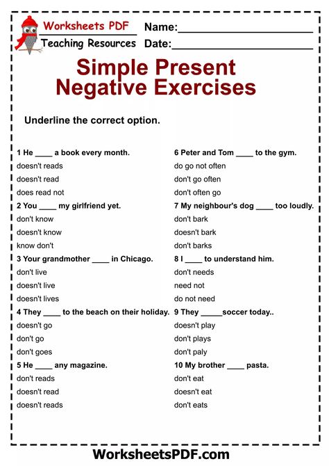 Simple Present Tense Negative Worksheets, Present Simple Negative Worksheets, Negative Form Worksheet, Present Simple Form, Present Simple Negative, Present Simple Worksheet, Simple Present Tense Worksheets, 10th Grade Math, Present Simple Tense