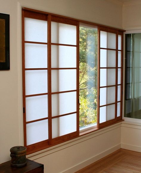 4 Panel Cherry Shoji Screens, synskin, ebony finger pulls Chinese Sliding Door, Shoji Screen Window, Diy Shoji Screen, Japanese Window Design, Shoji Window, Minka House, Shoji Screen Doors, Japanese Window, Privacy Screens Indoor