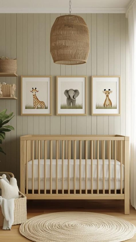 Neutral safari-themed baby boy nursery with wooden accents and animal artwork. Baby Boy Safari Nursery, Boy Safari Nursery, Baby Nursery Artwork, Neutral Safari Nursery, Boy Animal Nursery, Neutral Boy Nursery, Safari Nursery Boy, Safari Baby Room, Boys Nursery Ideas