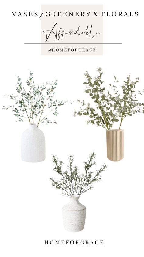 Vases faux greenery Clear Vase With Greenery, Greenery Vase Decor, Cream Vase Decor, White Vases With Greenery, Faux Greenery In Vase, Faux Greenery For Vase, Greenery In Vases, Best Faux Greenery Stems, Faux Stems In Vase