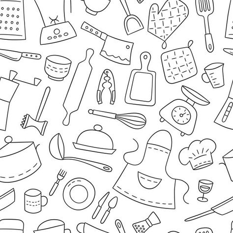 Kitchen tools and tableware. cook. seaml... | Premium Vector #Freepik #vector #pattern #line #kitchen #doodle Baking Tools Illustration, Cooking Doodles, Kitchen Doodles, Vector Kitchen, Line Kitchen, Cooking Equipment, Hand Drawn Vector, Seamless Textures, Doodle Patterns