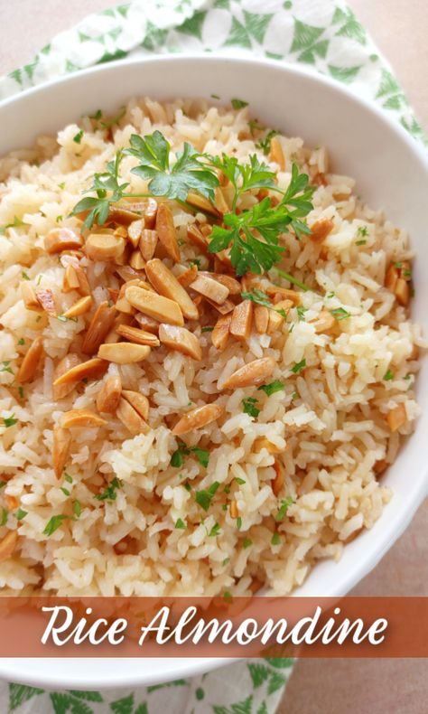 Almond Rice Recipe, Almond Rice Pilaf, Baked Bbq Chicken Recipes, Rice Ideas, Rice Sides, Couscous Dishes, Pork Kebabs, Almond Rice, Sauteed Onions