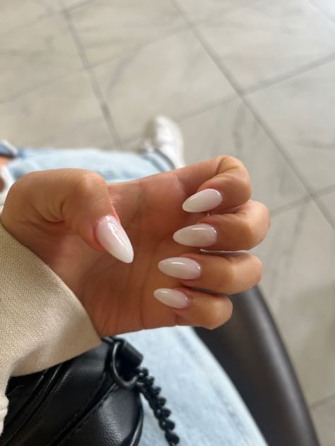 Opaque White Almond Nails, Cloudy White Acrylic Nails Almond, Creamy White Almond Nails, Almond Milk White Nails, Almond Shape Beach Nails, Milky White Powder Nails, White Foggy Nails, Milk Almond Nails, Milk Manicure Nails