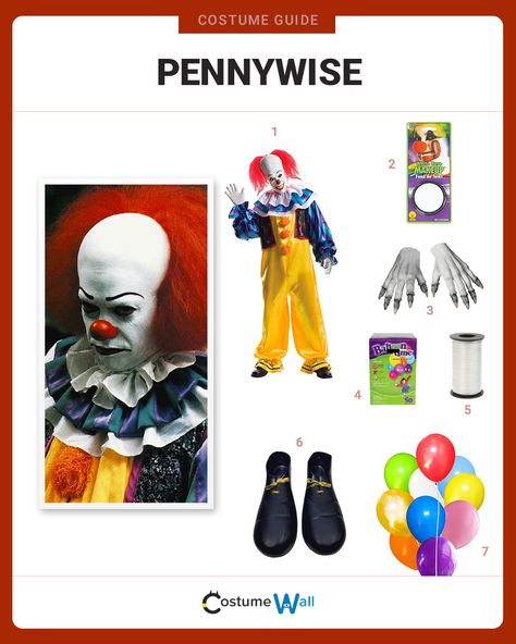 The best costume guide for dressing up like Pennywise the Dancing Clown who terrorizes children in the Stephen King horror novel, It. Boys Pennywise Costume, Pennywise Women’s Costume, Pennywise Shorts, Pennywise Child Costume, Time To Float Pennywise, It Eso, Pennywise Costume, Horror Costumes, Got Costumes