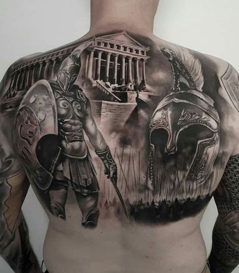 Spartan Tattoo Back Piece, Roman Back Tattoo Men, Roman Army Tattoo, Gladiator Chest Tattoo, Gladiator Back Tattoo, Roman Back Tattoo, Spartan Back Tattoo, Roman Tattoo Sleeve, Roman Gladiator Tattoo Design