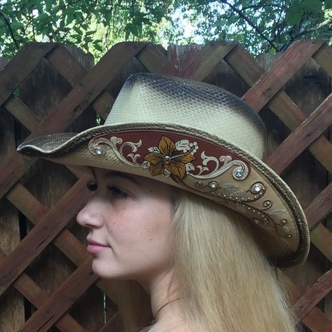 Straw Cowboy Hat With Beautiful Scroll Apliques on Side Brim & - Etsy Cowboy Hat Design Ideas, Decorated Cowgirl Hats Diy, Cowgirl Hat Decorating Ideas, Cowboy Hat Decorations Ideas, Western Helmet, Embellished Cowboy Hat, Straw Hat Diy, Cowboy Hats For Women, Straw Hat Crafts