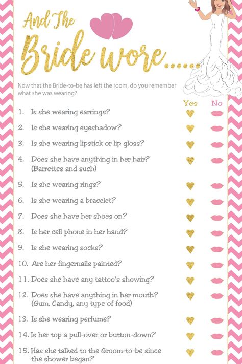 What Was She Wearing Bridal Shower Game, Hens Games, Bridesmaid Games, Bridal Shower Questions, Wedding Trivia, Bridal Party Games, Disney Bridal Showers, Gift Tracker, Fun Bridal Shower Games