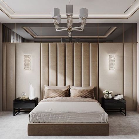 mirrors high up on a wall help visually expand the space and reflect light. Classic Bedroom Furniture, Bed Back Design, Armani Casa, Upholstered Walls, Bedroom Bed Design, Classic Bedroom, Headboard Designs, Bedroom Headboard, Modern Bedroom Design