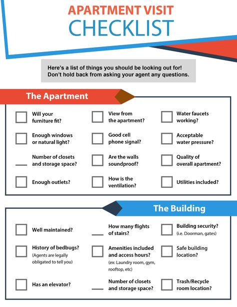 apartment-visit-checklist House Items Checklist, Checklist First Apartment, Dorm Room Organization Storage, Dorm Room Organization Diy, First Apartment Tips, Apartment Tips, Leasing Agent, First Apartment Essentials, Things To Watch