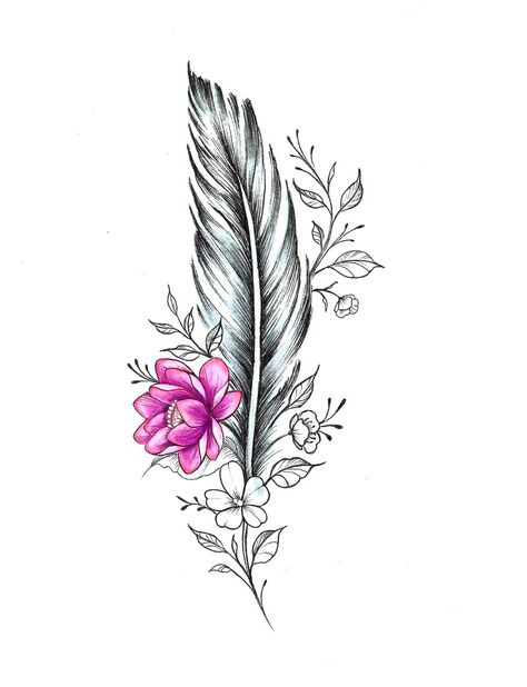 Single feather with a touch of flowers and leaves. Lotus Feather Tattoo, Peony And Feather Tattoo, Feather With Flowers Tattoo Design, Feather Flower Tattoo Design, Lotus Flower And Feather Tattoo, Half Feather Half Flower Tattoo, Feather Flower Tattoo, Lotus Memorial Tattoo, Feather And Flower Tattoo