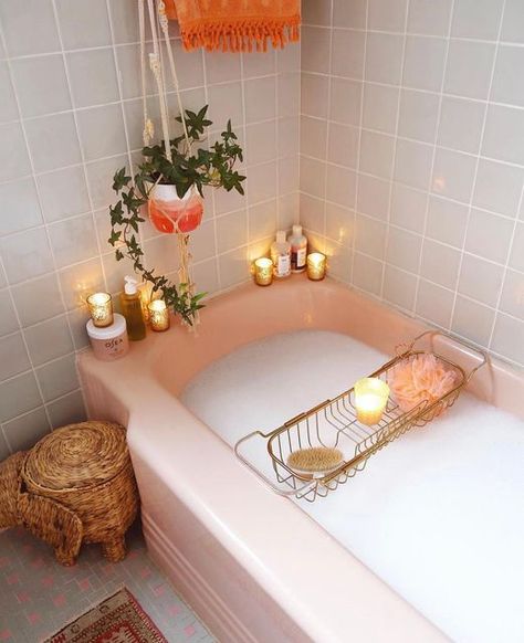 Skincare from the Sea on Instagram: "What better way to celebrate Valentine's Day than with a little self-care? 💝 #oseamalibu 📸: @arseniclace" Spa Bathrooms, Pink Tile Bathroom, Pink Bathtub, Pink Tub, Spa Bathroom, Bathtub Tray, Eclectic Bathroom, Contemporary Shower, Pink Baths