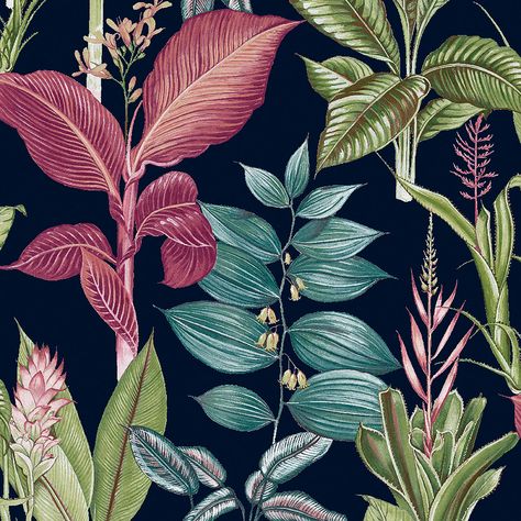 sample next fantasy rainforest leaves navy wallpaper graham brown 118300 1 Fantasy Rainforest, Rainforest Leaves, Jungalow Decor, Cloak Room, Next Wallpaper, Tropical Illustration, Turquoise Wallpaper, Feature Wallpaper, Creative Textiles