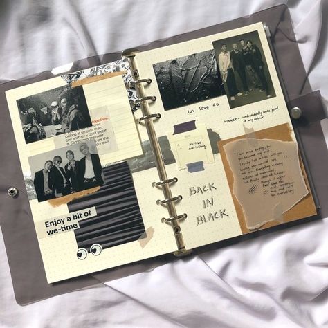 Journal Ideas Black And White, Black And White Journal Ideas, Black Scrapbook Ideas Aesthetic, Scrapbook Journaling Ideas, Binder Journal Ideas, Black Journal Ideas, Black Scrapbook Ideas, Photo Journal Ideas, Black And White Scrapbook