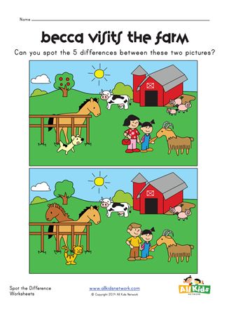 Spot the Difference on the Farm Worksheet | All Kids Network Farm Worksheet, Spot The Difference Printable, Spot The Difference Kids, Find The Difference Pictures, Printable Road Trip Games, Sequencing Activities Kindergarten, Find The Differences Games, Toddler Printables, Nursery Worksheets