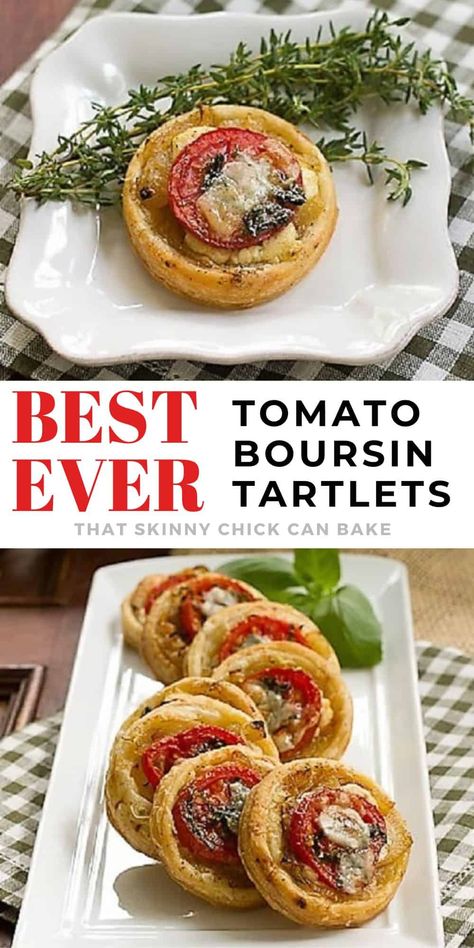 Savory Vegetarian Appetizers, Mini Tomato Tarts, Boursin Puff Pastry Appetizer, Puff Pastry Hors D’oeuvres, Appetizer Recipes Puff Pastry, Puff Pastry Tart Savory, Volauvent Recipes, Puff Pastry Savory Recipes, Savoury Puff Pastry Recipes