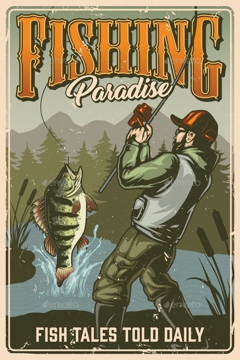 Fishing Poster, Retro Fishing, Pike Fish, Fly Fishing Art, Fishing Design, Fishing Art, Fish Tales, Vector Poster, Fishing Pictures