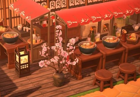 Acnh Noodle Stand, Japan Inspired Animal Crossing Island, Acnh Old Japanese Town, Japanese Themed Acnh Island, Acnh Japanese Codes Stall, Japanese Themed Island Animal Crossing, Acnh China Town Ideas, Acnh Able Sisters Ideas Japanese, Ramen Animal Crossing