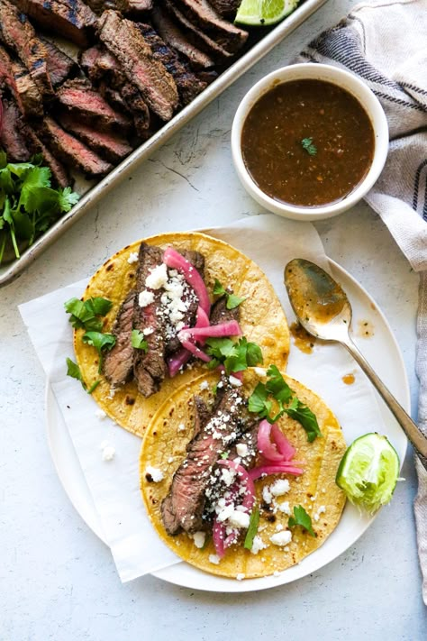 Sirloin Tip Steak Tacos, Sirloin Steak Tacos, Steak Street Tacos, Spicy Pickled Onions, Grilled Steak Tacos, Steak Taco Recipe, Authentic Tacos, Sirloin Tip Steak, Steak Taco