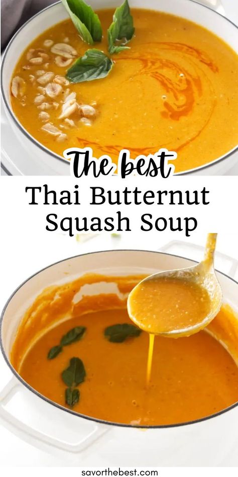 Our recipe for Thai Butternut Squash Soup is thick and creamy, with a bold, vibrant flavor. Roasting the vegetables brings out the sweetness in the soup, while fresh ginger, red curry paste and a chili oil garnish add that spiciness we love about Thai cuisine. Thai Squash Soup, Butternut Squash Ginger Soup, Thai Butternut Squash Soup, Butternut Soup, Ginger Red, Chicken And Butternut Squash, Butternut Squash Recipes Soup, Roasted Butternut Squash Soup, Spicy Thai