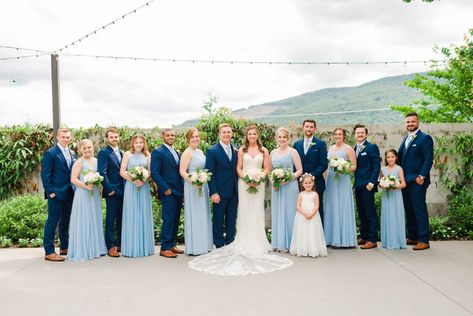 WEDDING PARTY WEARING NAVY BLUE SUITS AND ICE BLUE DRESSES Navy Blue And Ice Blue Wedding, Navy And Powder Blue Wedding, Ice Blue Bridal Party, Ice Blue And Navy Wedding, Ice Blue Bridesmaid Dress With Groomsmen, White And Blue Wedding Bridesmaids, Sky Blue Bridal Party, Winter Wedding Light Blue Bridesmaid Dresses, Ice Blue Dresses