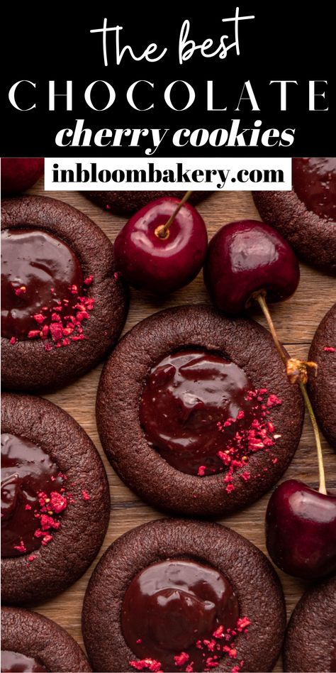 These are the best chocolate cherry cookies! They're fudgy chocolate thumbprint cookies, filled with chocolate cherry ganache. Cherry Ganache, Funny Cookies, Chocolate Cranberry Cookies, In Bloom Bakery, Bloom Bakery, Bake Ideas, Chocolate Cherry Cookies, Chocolate Thumbprint Cookies, Cookie Baskets