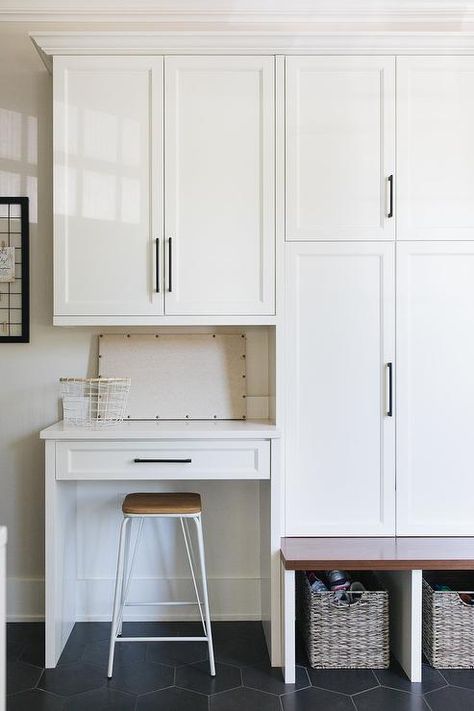 Mudroom with Built In Desk with Wood and White Metal Stool - Transitional - Laundry Room Black Hexagon Floor, White Mudroom, Transitional Laundry Room, Grey Laundry Rooms, Mudroom Cabinets, Extra Kitchen Storage, Cabinets Design, Linen Cabinets, Wood And White