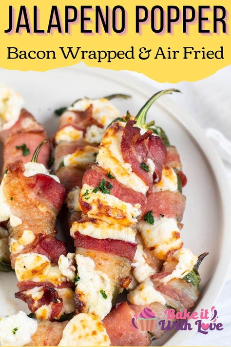 These air fryer bacon wrapped jalapeno poppers are incredibly easy to make, full of savory flavors, and perfect for serving any day! This dish has a wonderful combination of spicy, creamy, and crispy, making it the ultimate appetizer or party snack! Plus, the air fryer method means you can enjoy this delicious dish without any oil or extra calories from traditional frying! BakeItWithLove.com #bakeitwithlove #airfryer #bacon #jalapeno #popper #appetizer Jalapeño Popper Air Fryer, Bacon Wrapped Jalapeno Poppers Air Fryer, Air Fryer Jalapeno Bacon Wrapped, Airfryer Bacon, Popper Appetizer, Jalapeno Popper Appetizer, Wrapped Jalapeno Poppers, Easy Delicious Appetizers, Air Fryer Bacon