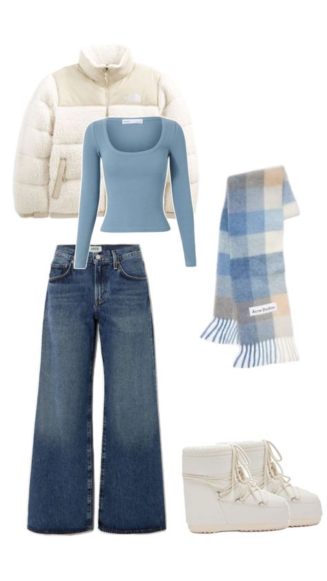 Winter Outfits Layout, Winter Outfits Collage, Cold Day Fits, Winter Blue Outfit, Blue Winter Outfits, Clothing Necessities, Blue Outfit Winter, Winter Outfits College, Blue And White Outfits