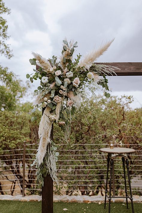 Pampas Grass Ceremony Arch, Pampas And Greenery Wedding Arch, Wedding Arch Flowers Pampas, Pampas Grass Wedding Gazebo, Pompous Grass Wedding Decorations, Pampas Grass Arch Decor, How To Make A Pampas Grass Arch, Pampas Grass Wedding Arbor, Eucalyptus And Pampas Grass Wedding Decor