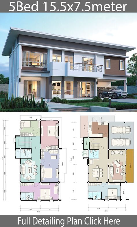 House Design Plan 15.5x10.5m With 5 Bedrooms - Home Design With Plan Double Storey House Plans, Nordstrom Boots, 5 Bedroom House Plans, Double Storey House, 2 Storey House Design, House Plan Gallery, House Construction Plan, House Layout Plans, Model House Plan