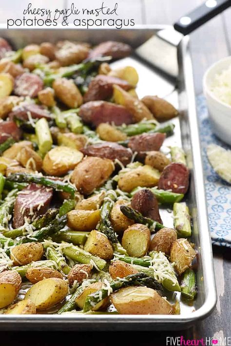 Cheesy Garlic Roasted Potatoes & Asparagus ~ an easy, one-pan, spring side dish recipe that makes a gorgeous, delicious addition to a special Easter meal or a regular weeknight dinner! | FiveHeartHome.com Easter Dinner Sides, Easter Side Dishes Recipes, Potatoes And Asparagus, Potatoes Asparagus, Spring Side Dishes, Easter Dinner Menus, Easter Side Dishes, Garlic Roasted Potatoes, Easter Dishes