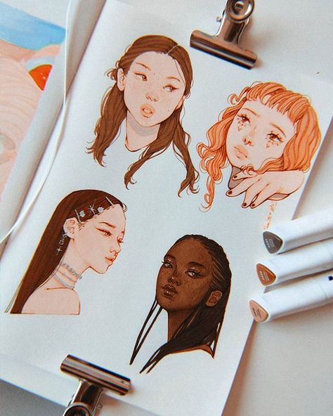 Li в Instagram: «Some more of the studies I've been working on for the #100headschallenge --- Done with alcohol markers and coloured fineliners. Sketchbook…» Copic Marker Art, Copic Art, Arte Sketchbook, Arte Inspo, Sketchbook Inspiration, Alcohol Markers, Marker Art, Art Journal Inspiration, Art Drawings Sketches