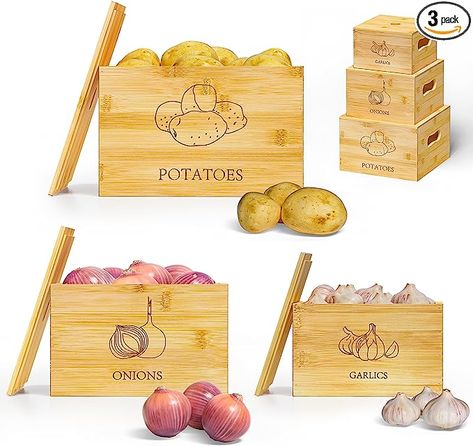 These storage bins labels for potatoes, onions and garlic will help with storaging your produce that can sometimes just leave a mess and turn them into looking like cute farmhouse decor in your home while also helping organize. They are stackable and have optimum storage and ventilation for the quality of your produce. As an Amazon associate I earn from qualifying purchases Potato Storage Bin, Potato And Onion Storage, Potato And Onion Bin, Vegetable Storage Bin, Potato Box, Kitchen Beige, Onion Storage, Garlic Keeper, Potato Storage