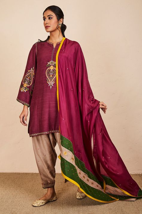 Shop for these amazing collections of Wine Tussar Georgette And Silk Embroidery Resham Thread Kurta Salwar Set For Women by Sue Mue online at Aza Fashions. Baby Boy Newborn Photography, Short Kurta, Boutique Suits, Notched Neckline, Unique Dress, Boutique Dress Designs, Indian Suits, Embroidery Designs Fashion, Fancy Dress Design