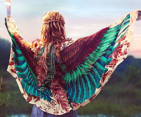 Add color and whimsy to any outfit by topping it off with the wing scarf. This gorgeous handmade organic cotton, silk, and cashmere scarf is emblazoned a highly detailed and hand painted graphic that creates the illusion that you’ve sprouted two gorgeous multi-colored wings. Bohemian Shawl, Burning Man Costumes, Festival Scarf, Wing Scarf, Feather Scarf, Wrap Fashion, Bird Scarf, Festival Scarves, Bohemian Scarves