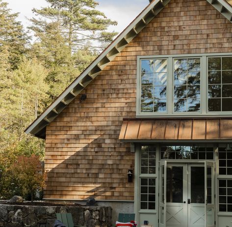 The barn-like, timber-framed structure is both rec room and guesthouse, with a kitchenette and an upstairs bedroom. Cedar Shingle Cottage, Cedar Shake Cabin Exterior, Modern Cedar Shake House, Shingle Cabin, Wood Shingles Exterior, Cedar Shingle House, Cedar Shake Cottage, Cedar Shake House, Fixer Upper Exterior