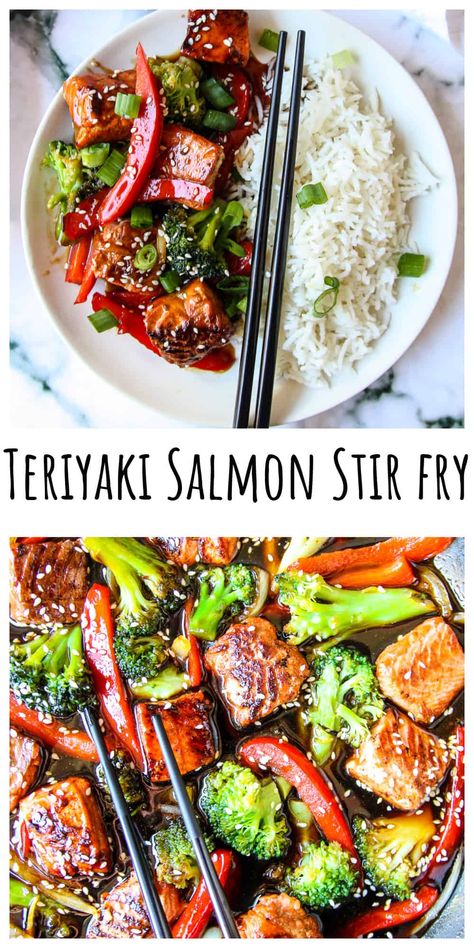 Salmon stir fry is a healthy, delcious weeknight meal. It's packed with fresh vegetables, protein and healthy fatty acids. Best of all, it takes just 30 minutes to get this yummy dinner on the table! Pescatarian Stir Fry, Healthy Dinners Salmon, Salmon And Stir Fry Veggies, Fish Stir Fry Recipes Healthy, Teriyaki Stir Fry Vegetables, Stir Fry Recipes Salmon, Stir Fry Salmon, Stir Fry Salmon Recipe, Vegetable Stir Fry Recipe Easy