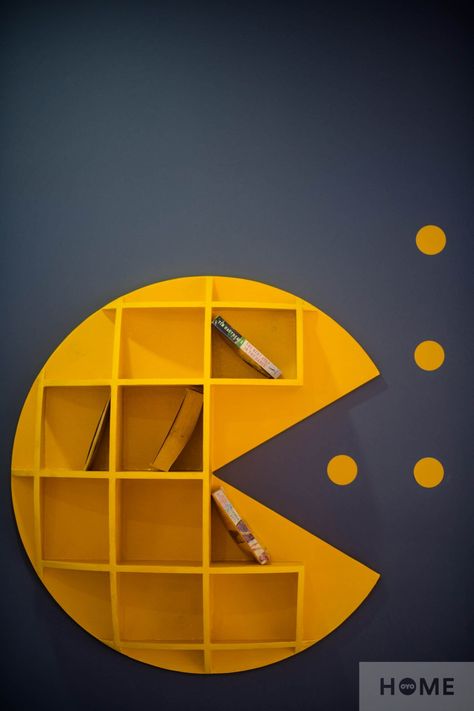 Pop Culture Furniture, Pacman Bedroom, Arcade Themed Room, Pacman Wall, Lego Interior Design, Board Game Shelf, Pine Wood Texture, Small Game Rooms, Retro Games Room