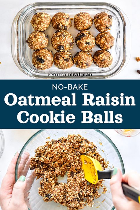 These No-Bake Oatmeal Raisin Cookie Balls are a super quick and delicious prep-ahead friendly snack made with quick oats, almond butter, cinnamon and maple syrup. Enjoy on-the-go or as a simple treat when a cookie craving hits! Oatmeal Energy Balls Recipe, Oatmeal Raisin Cookies Healthy, Bake Oatmeal, Oatmeal Balls, Oatmeal Raisin Cookie, Raisin Cookie, Cookie Recipes Oatmeal Raisin, Cookie Balls, Butter Cinnamon