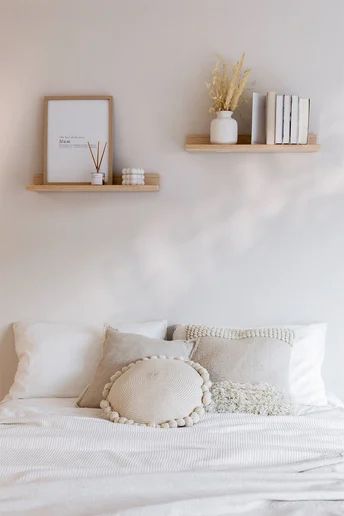 Floating Shelves Above Bed, Shelf Above Bed, Pine Wood Walls, Floating Shelves Bedroom, Wall Shelves Bedroom, Decor Above Bed, Bed Shelves, Wood Wall Shelf, Floating Wall Shelves