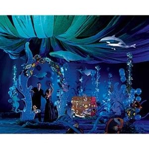 Under the Sea ; ceiling decorations, including hanging blow up fish/dolphins Deep Sea Discovery Vbs, Theater Sets, Ocean Commotion, Decor Marin, Underwater Party, Under The Sea Decorations, Sea Party Ideas, Theatre Props, Prom Themes