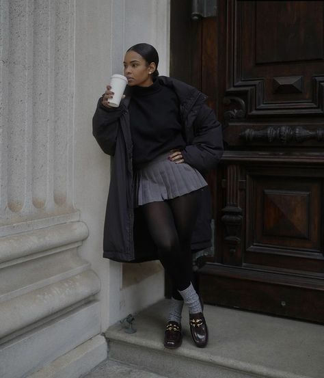 Black Feminine Outfit Winter, Cold Rainy Date Night Outfit, London Black Girls Style, Black Tights Outfit Black People, London Aesthetic Black Woman, Cozy Girl Aesthetic Black Women, New Era Outfit, Dinner Outfit Winter, Black Femininity