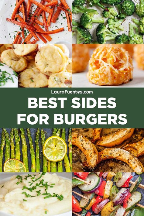 8 pictures of different sides to serve with your burger ranging from biscuits, to salads, to veggies Sides With Burgers, Sides For Burgers, Cobb Salad Dip, Grilled Veggie Kabobs, Roasted Summer Vegetables, Garlic Parmesan Fries, Sweet Potato Tots, Parsnip Fries, Spinach Balls