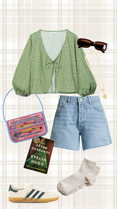 Green bow tie gingham shirt, Jean short jorts, adidas gazelle, gold jewelry, vintage sunglasses, booktok, staud sardine purse, outfit ideas, trendy that girl cool girl clothes fashion Purse Outfit Ideas, Short Jorts, Curvy Fashion Summer, Outfit Ideas Trendy, Blouse Y2k, Purse Outfit, Girl Cool, Outfit Inso, Green Bow Tie